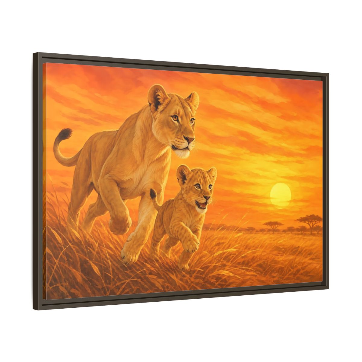 Main Mockup. Nature Lions Orange Sunset shown as stretched canvas wall art