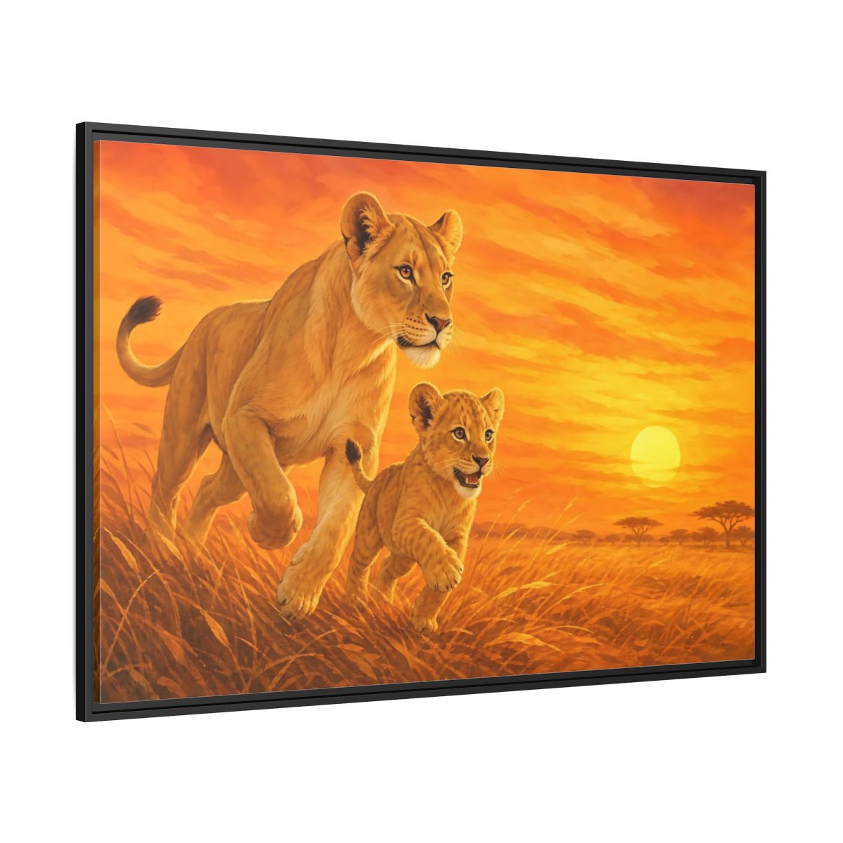 Side Mockup 12. Nature Lions Orange Sunset shown as stretched canvas wall art