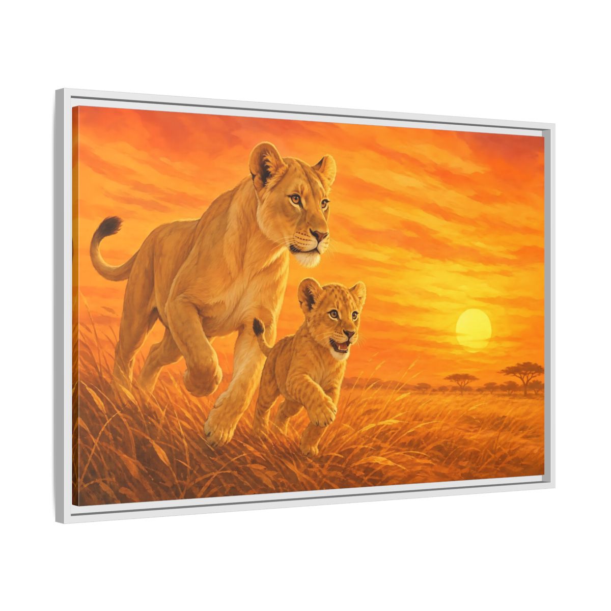 Side Mockup 9. Nature Lions Orange Sunset shown as stretched canvas wall art