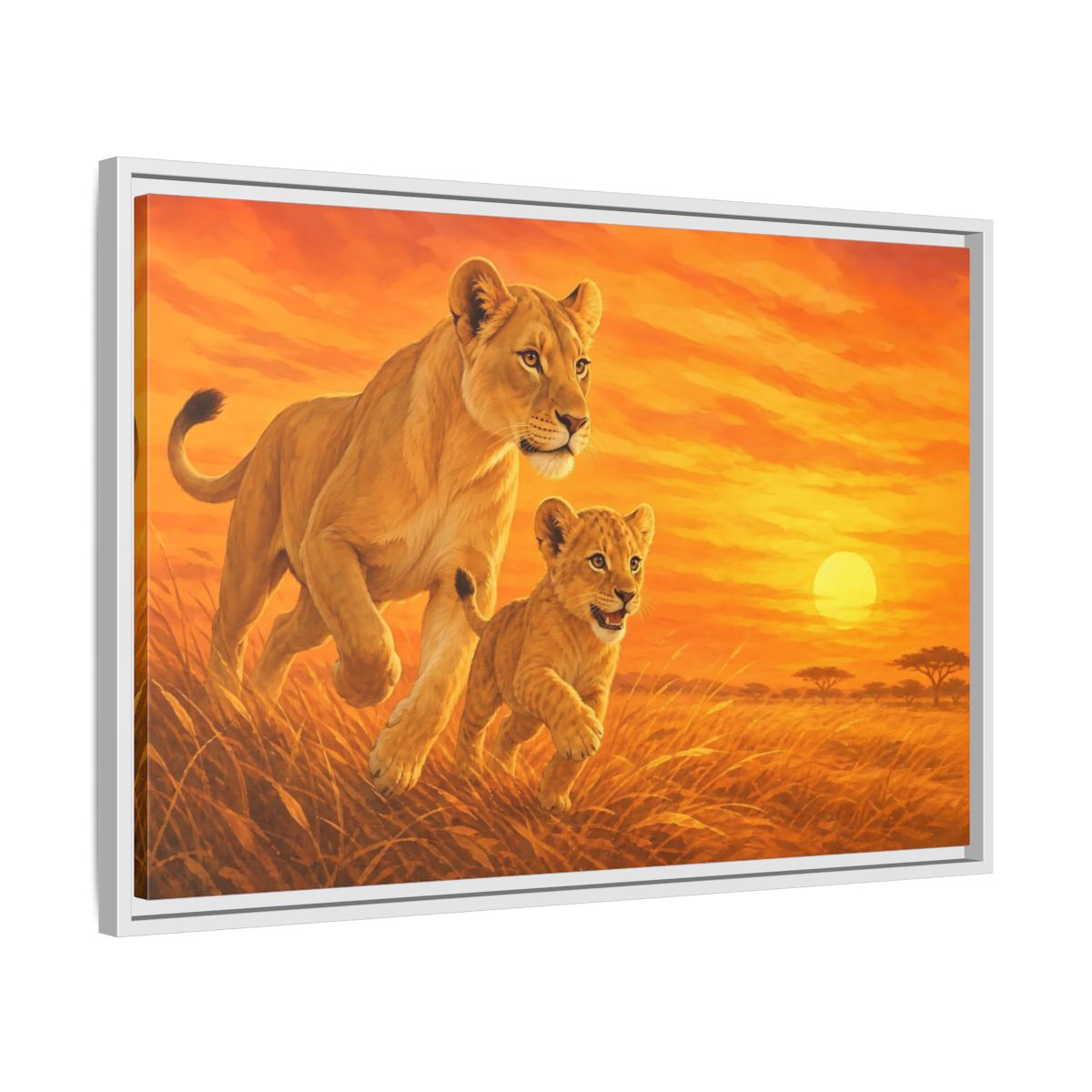 Side Mockup 10. Nature Lions Orange Sunset shown as stretched canvas wall art