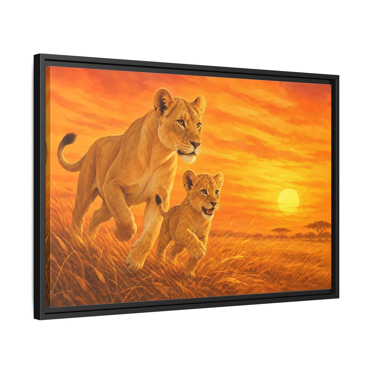 Side Mockup 14. Nature Lions Orange Sunset shown as stretched canvas wall art