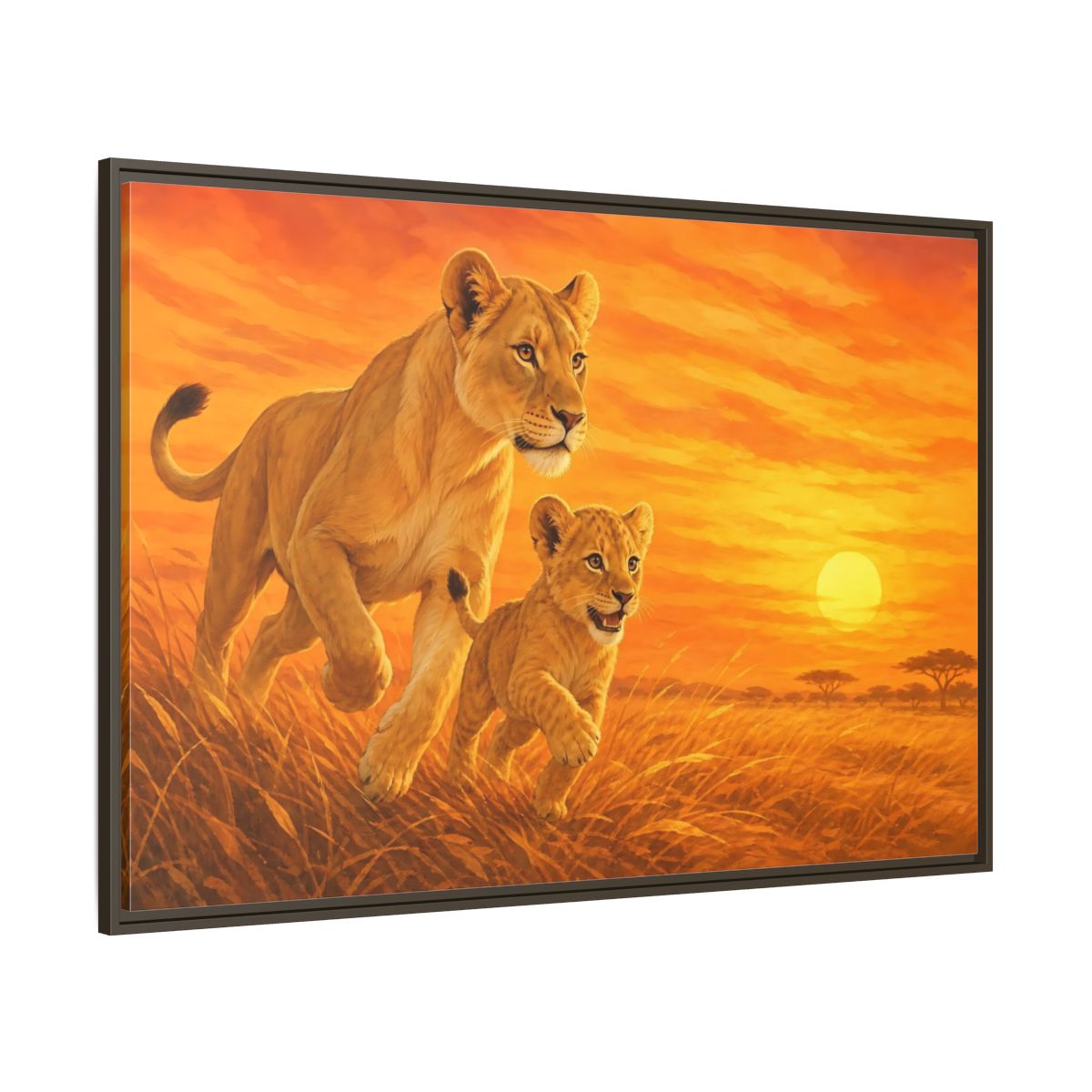 Side Mockup 8. Nature Lions Orange Sunset shown as stretched canvas wall art