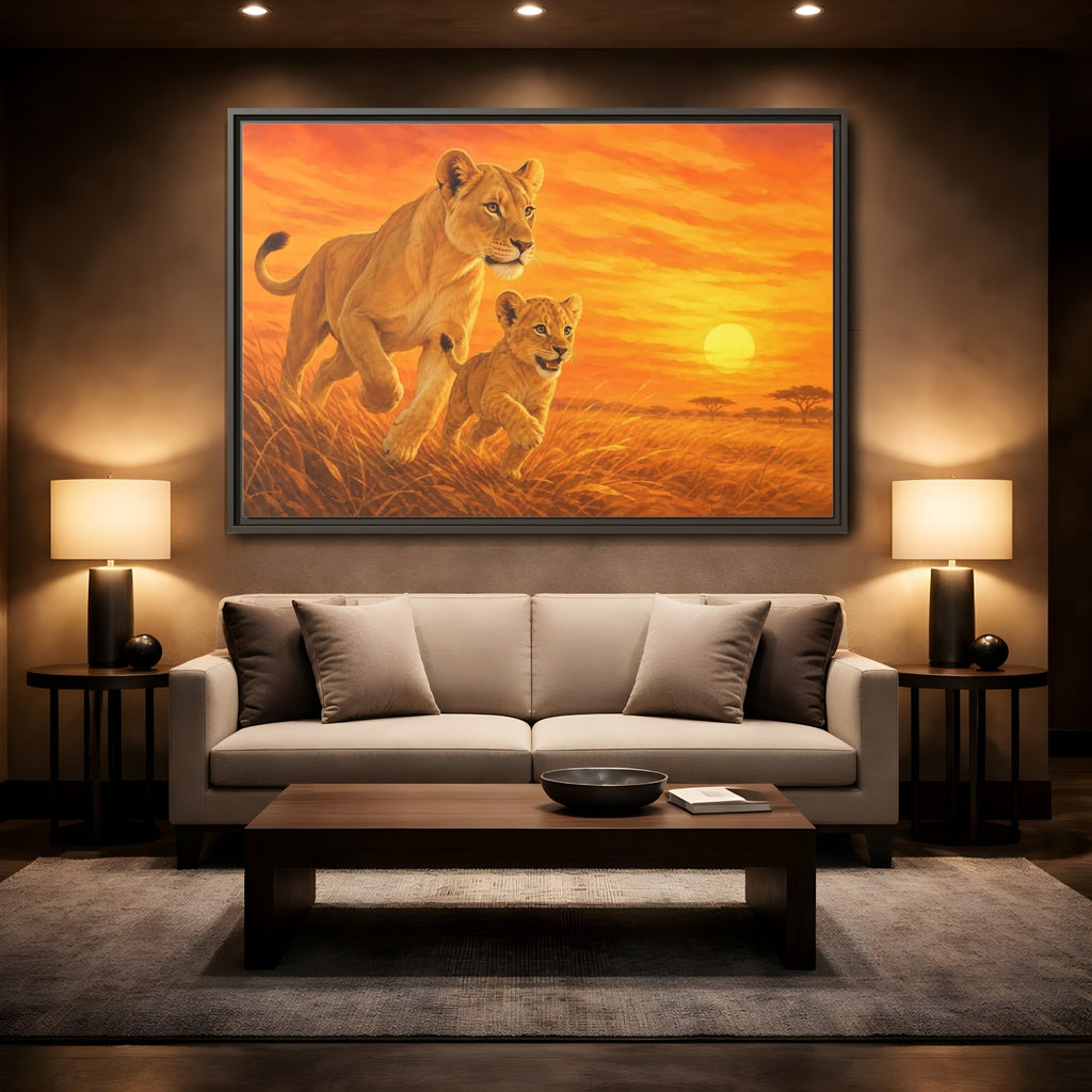 Mockup 2. Nature Lions Orange Sunset shown as stretched canvas wall art