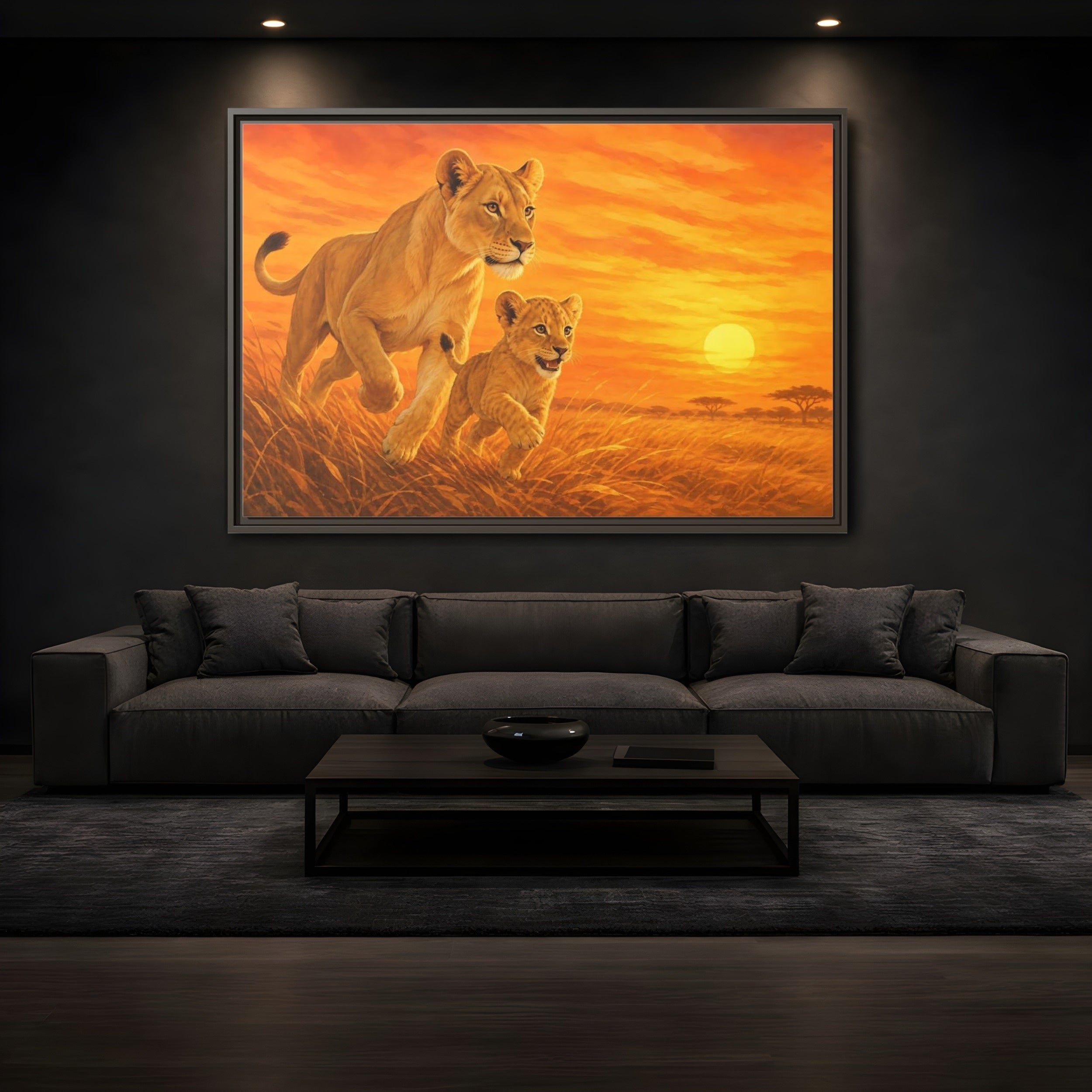 Mockup 3. Nature Lions Orange Sunset shown as stretched canvas wall art
