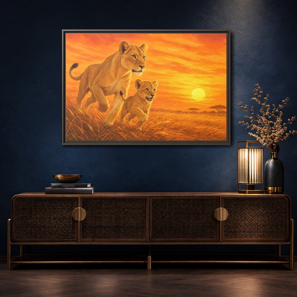 Mockup 4. Nature Lions Orange Sunset shown as stretched canvas wall art