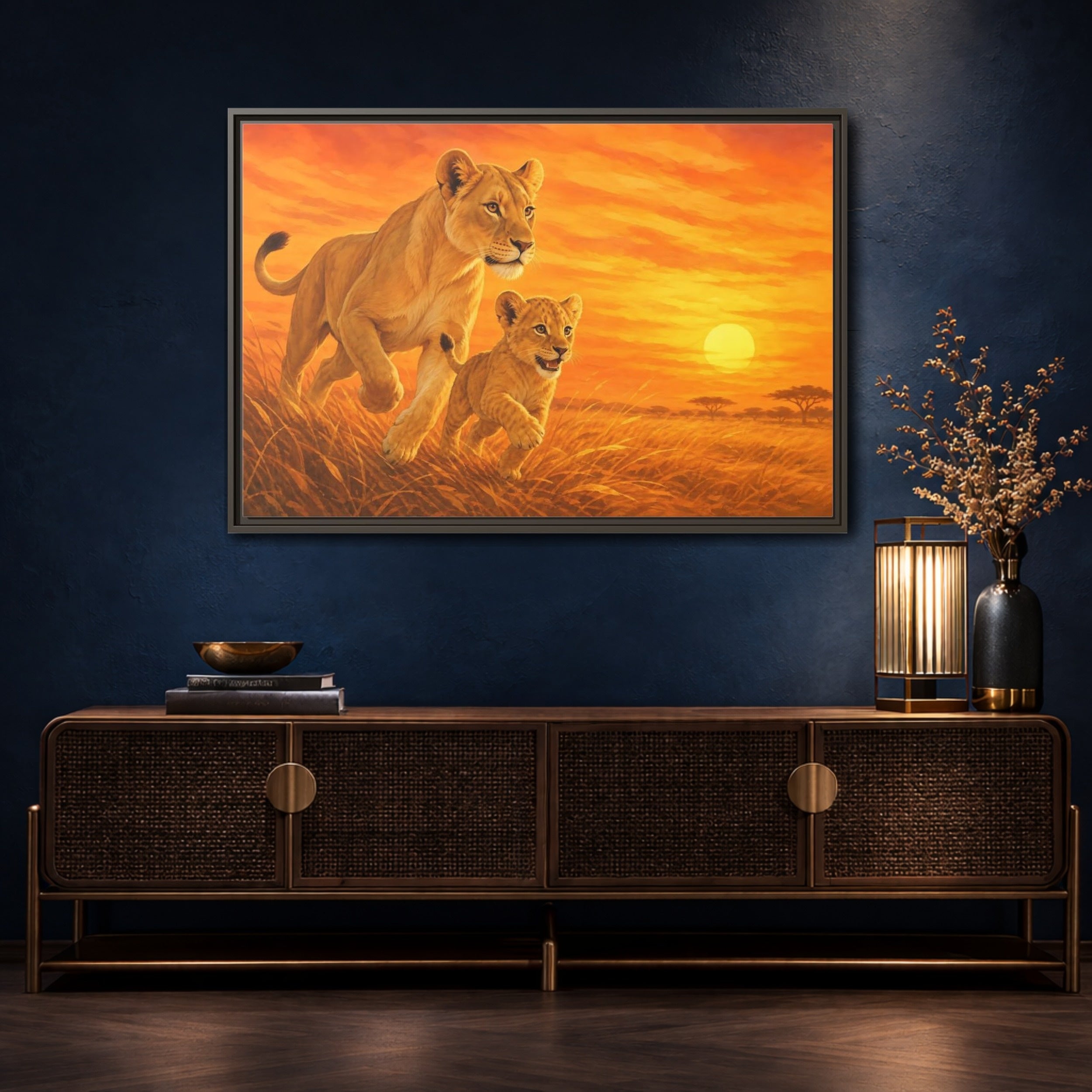 Mockup 4. Nature Lions Orange Sunset shown as stretched canvas wall art