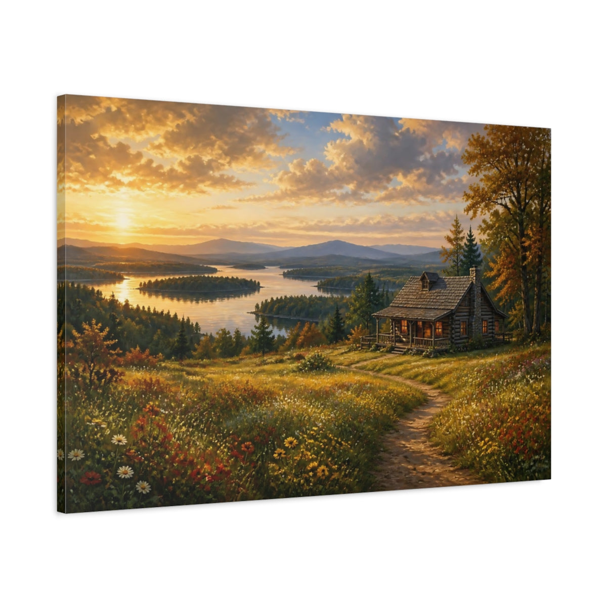 Main Mockup. Nature Log Cabin Sunset Lake Cabin shown as canvas print