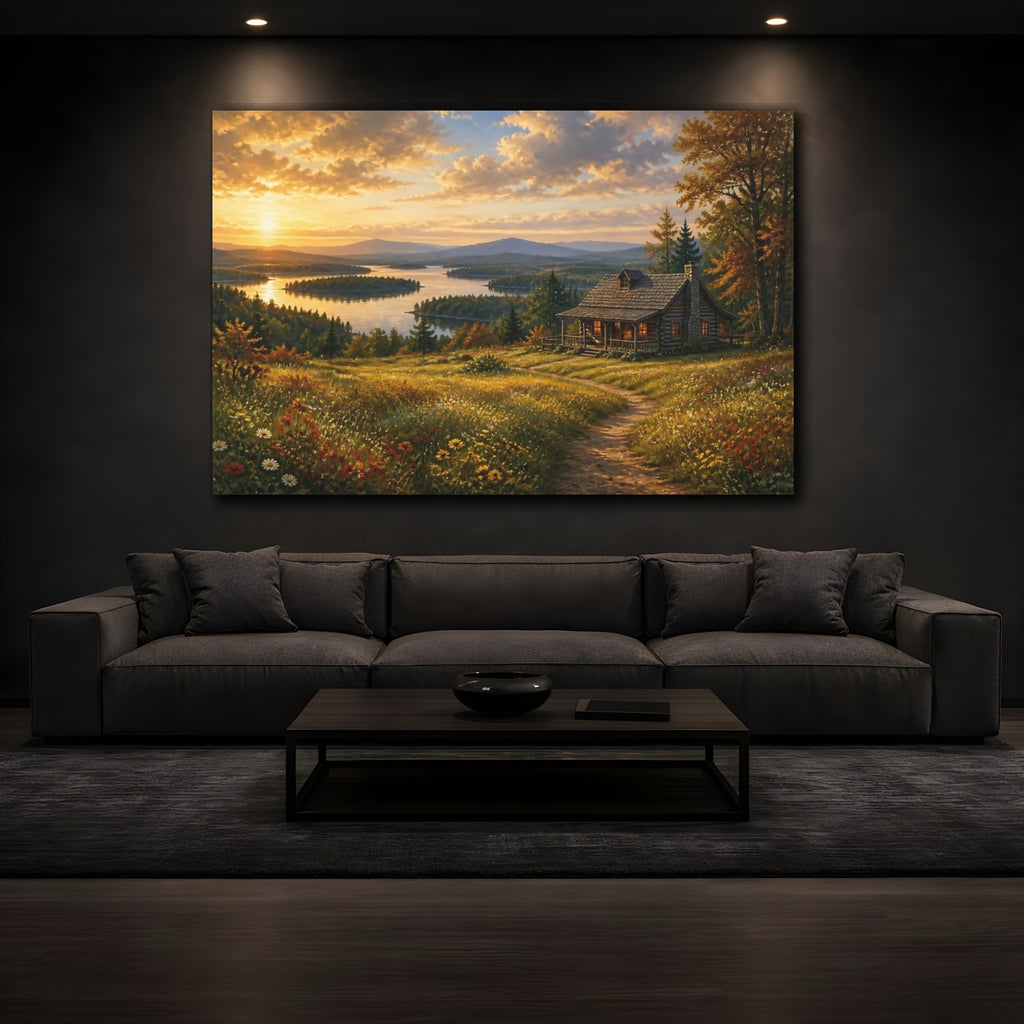 Mockup 3. Nature Log Cabin Sunset Lake Cabin shown as canvas print