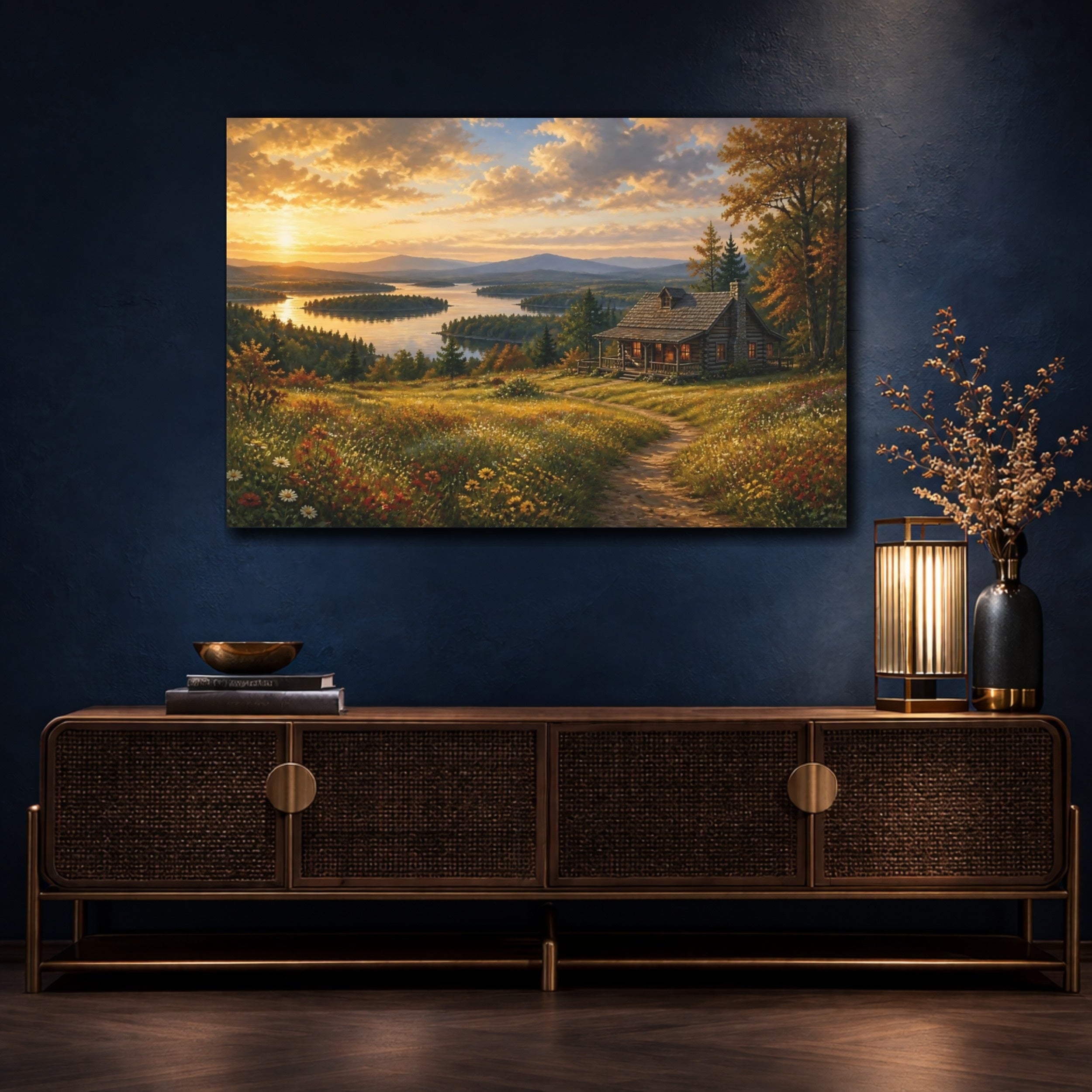 Mockup 4. Nature Log Cabin Sunset Lake Cabin shown as canvas print
