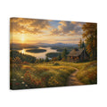 Side Mockup 4. Nature Log Cabin Sunset Lake Cabin shown as canvas print