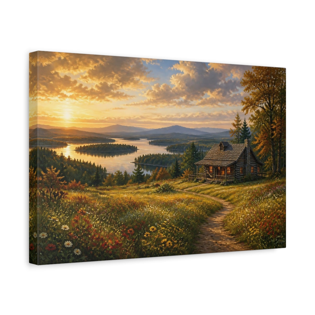 Side Mockup 4. Nature Log Cabin Sunset Lake Cabin shown as canvas print