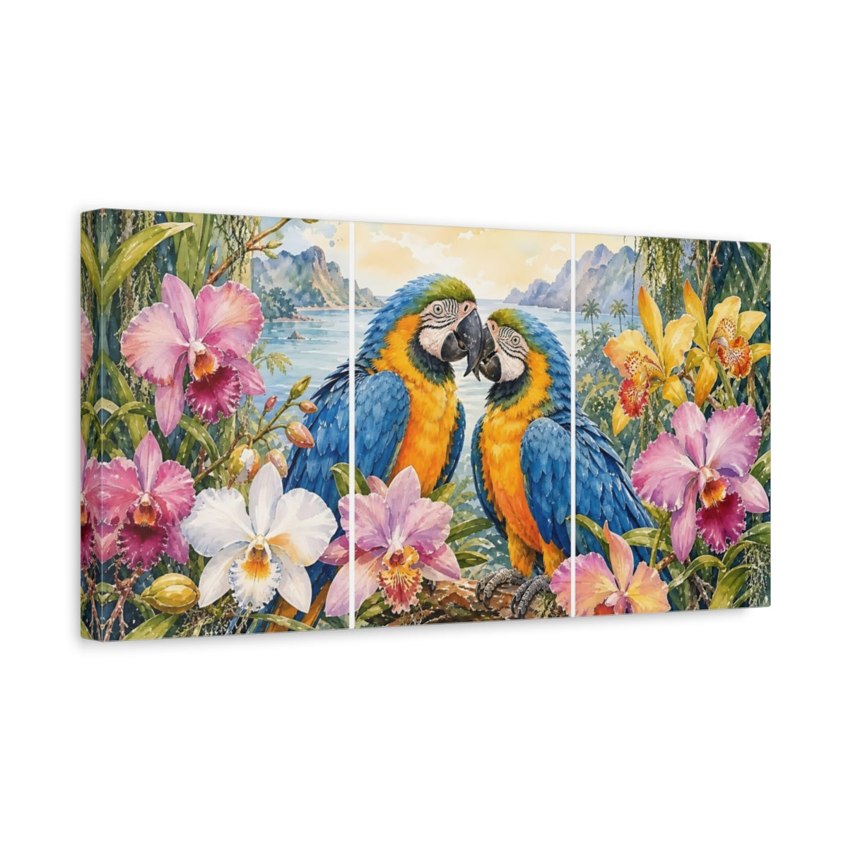 Side Mockup 3. Nature Macaw Parrots Tropical Macaws shown as stretched canvas wall art