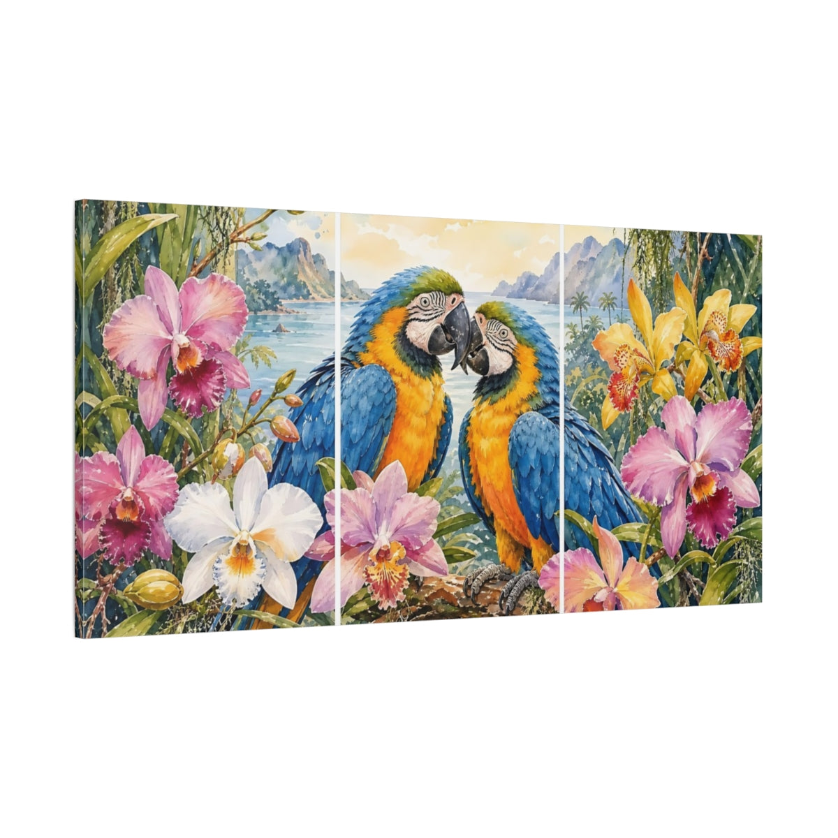 Side Mockup 2. Nature Macaw Parrots Tropical Macaws shown as stretched canvas wall art