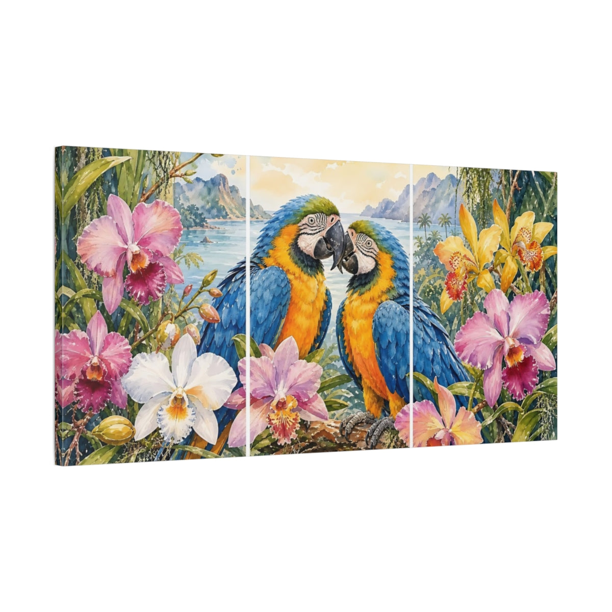 Main Mockup. Nature Macaw Parrots Tropical Macaws shown as stretched canvas wall art