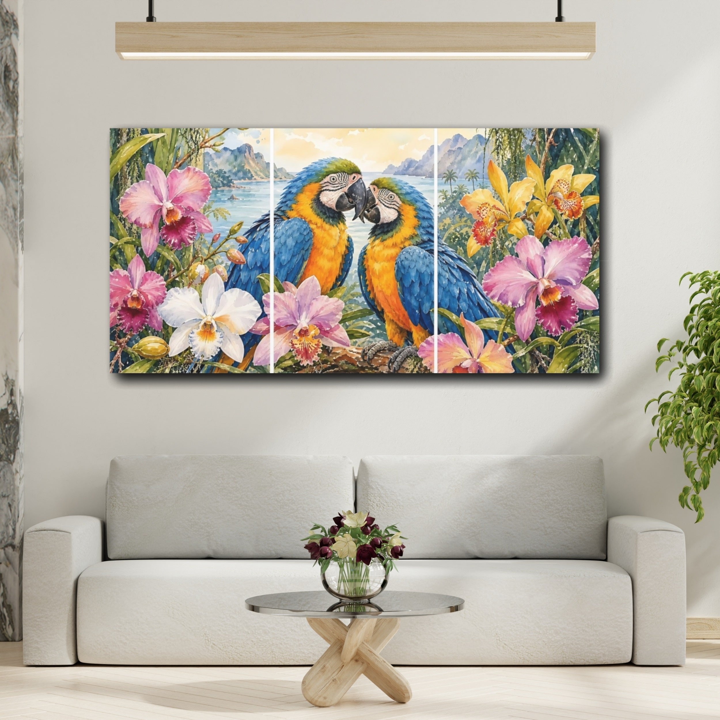 Mockup 2. Nature Macaw Parrots Tropical Macaws shown as stretched canvas wall art