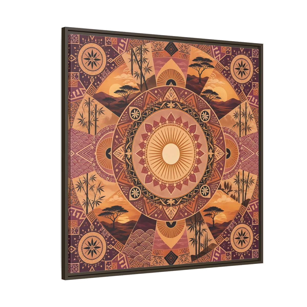 Side Mockup 5. Nature Nature Mandala Bohemian Sunset Mandala shown as stretched canvas wall art