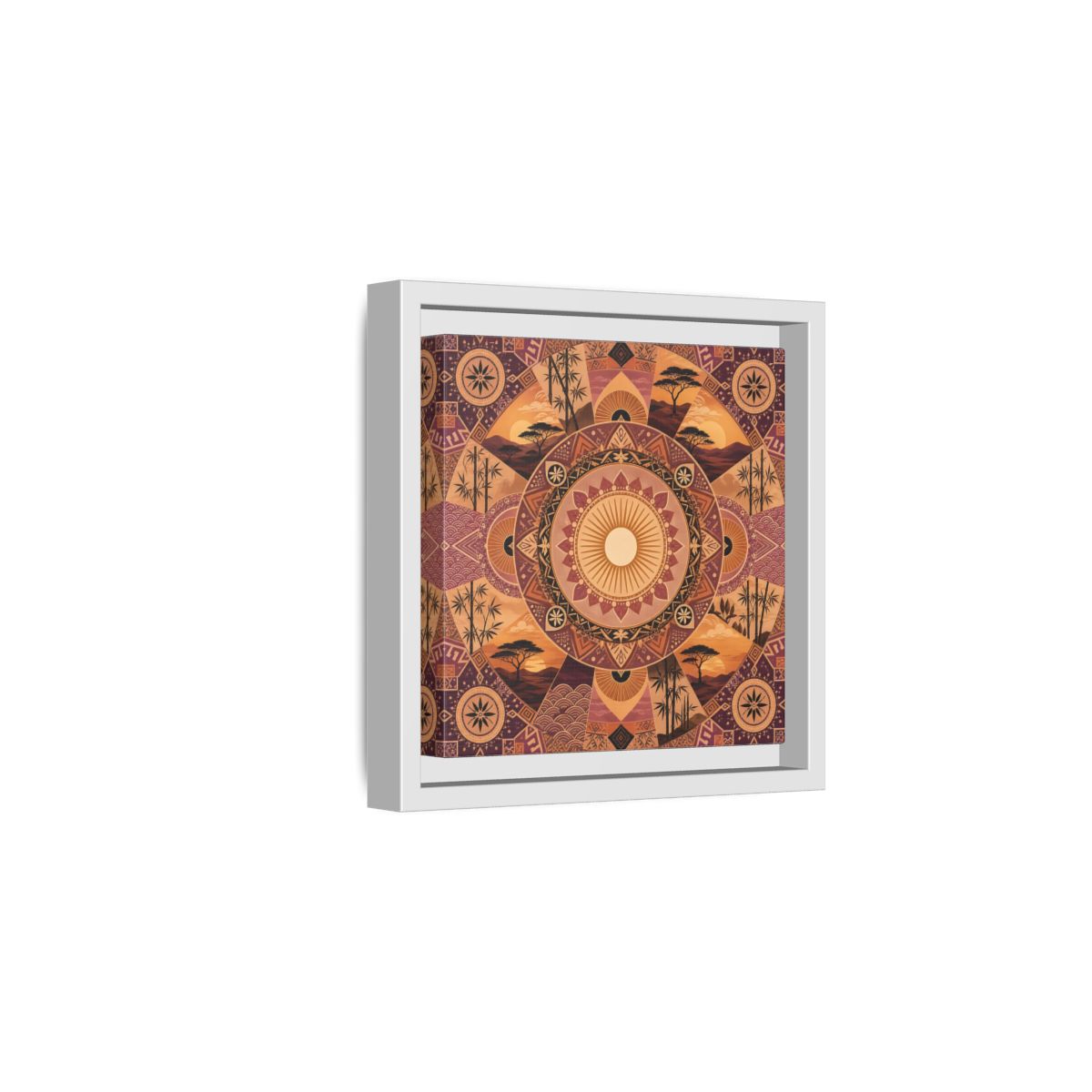 Side Mockup 1. Nature Nature Mandala Bohemian Sunset Mandala shown as stretched canvas wall art