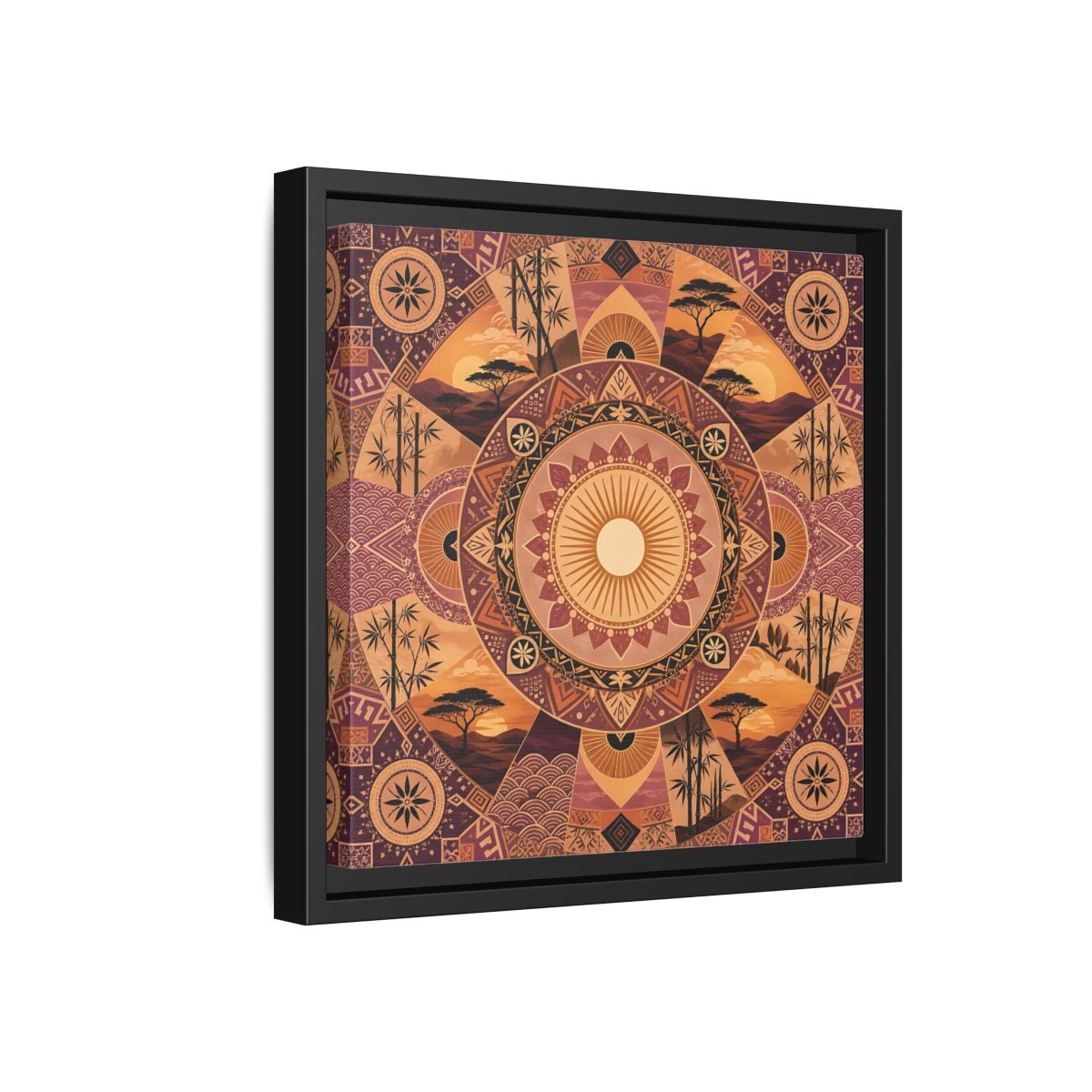 Side Mockup 18. Nature Nature Mandala Bohemian Sunset Mandala shown as stretched canvas wall art