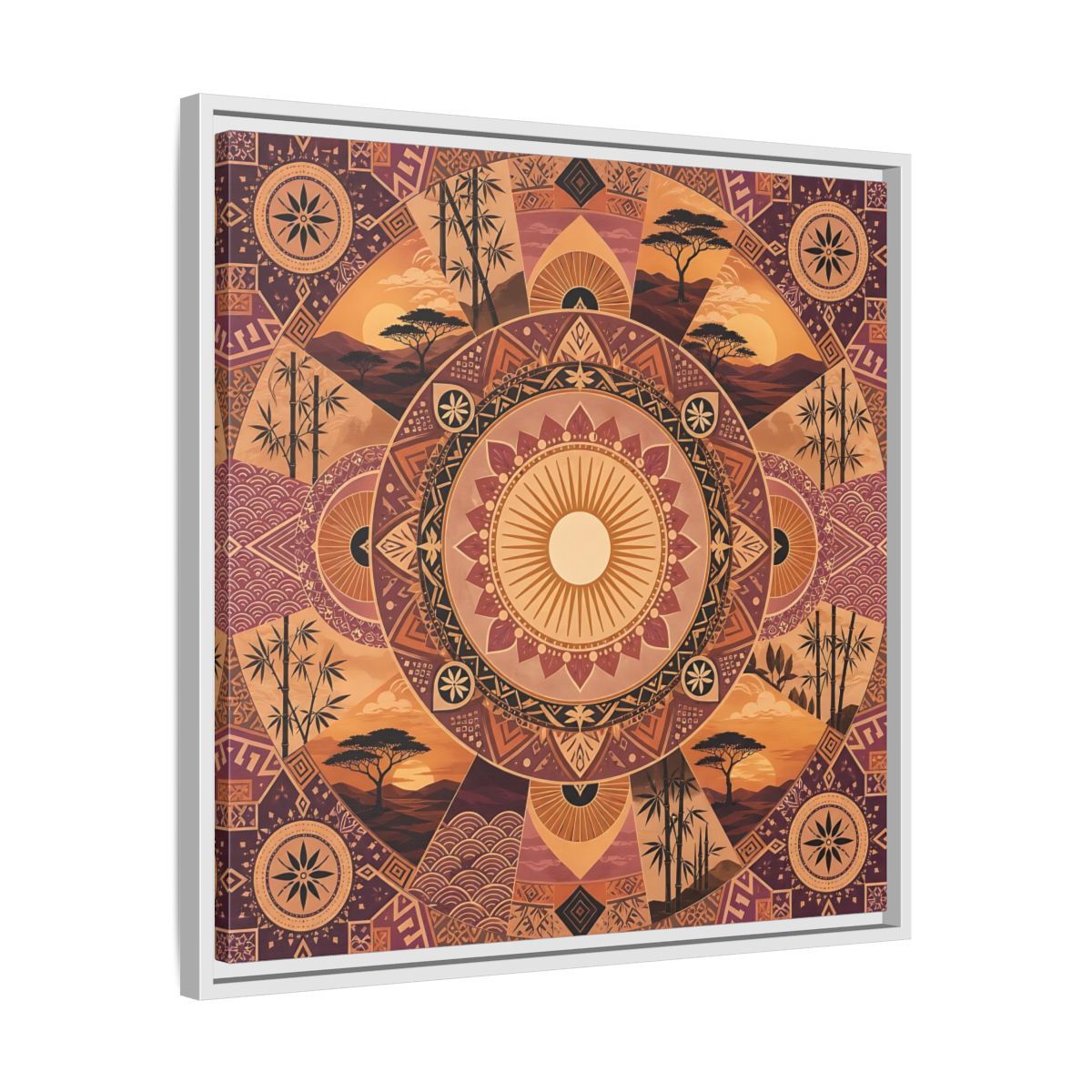 Side Mockup 26. Nature Nature Mandala Bohemian Sunset Mandala shown as stretched canvas wall art