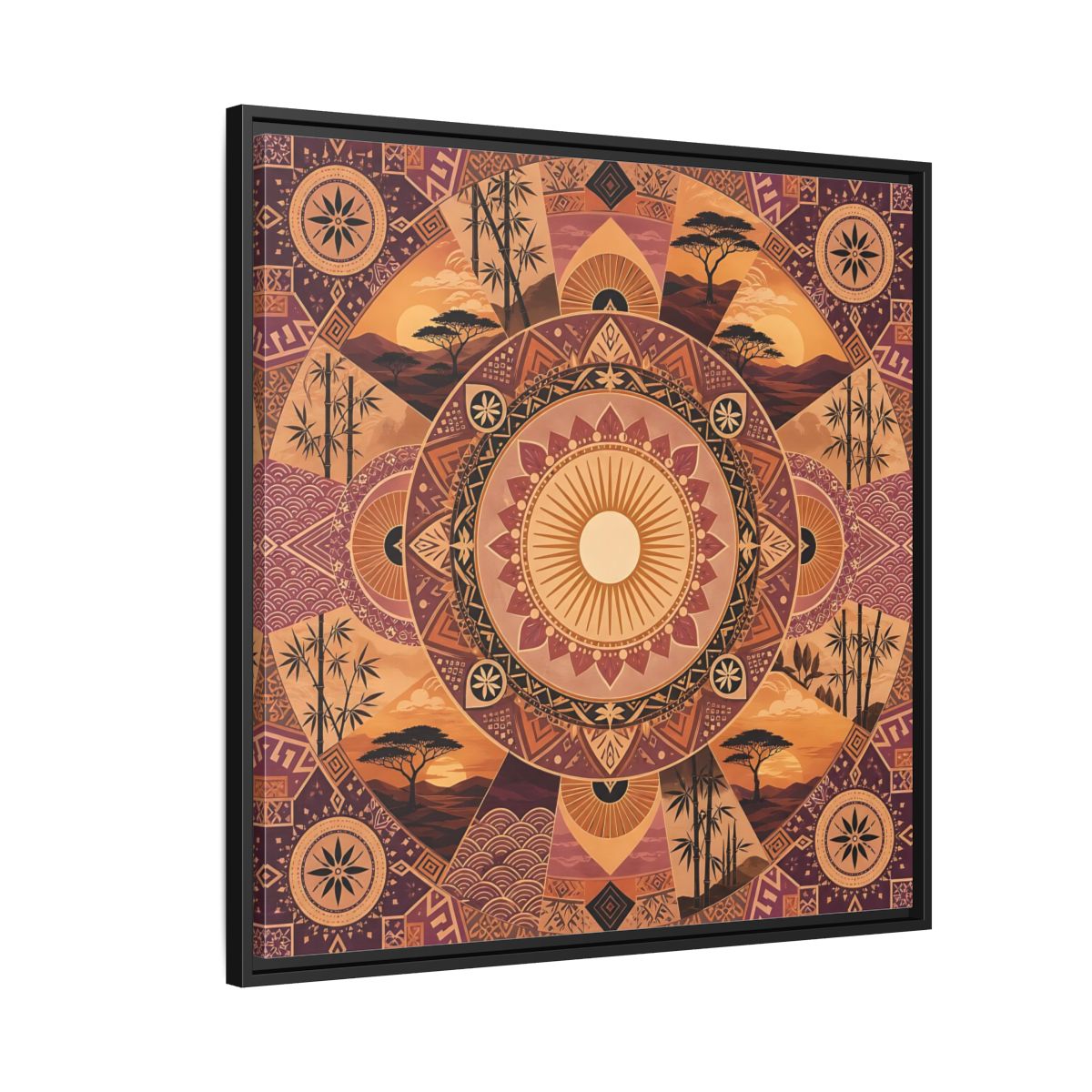 Side Mockup 9. Nature Nature Mandala Bohemian Sunset Mandala shown as stretched canvas wall art