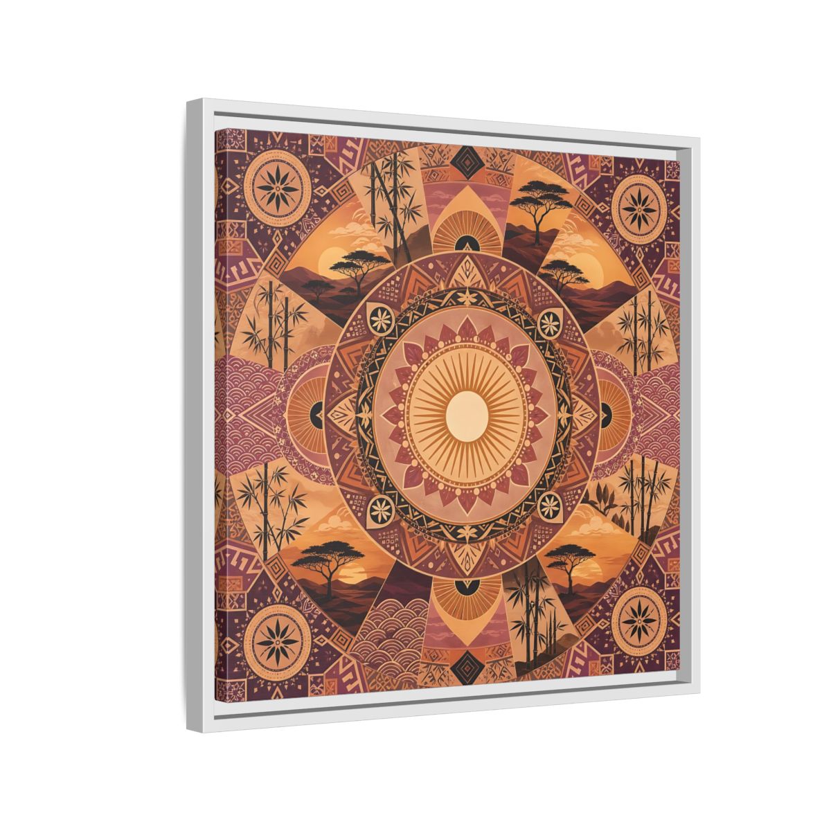 Side Mockup 10. Nature Nature Mandala Bohemian Sunset Mandala shown as stretched canvas wall art