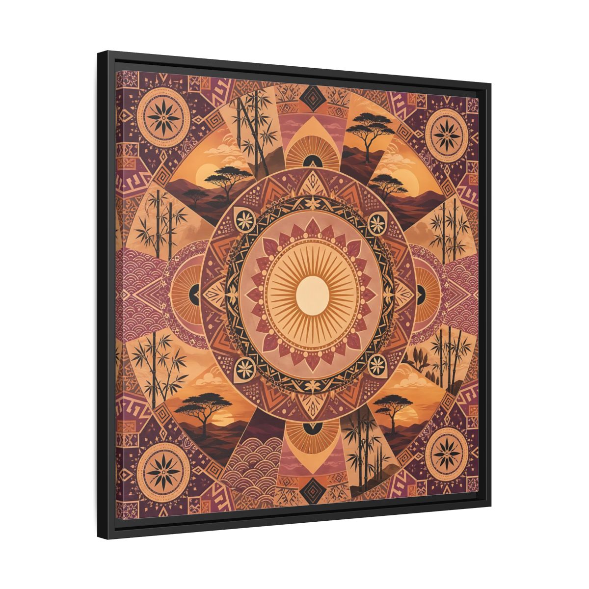 Side Mockup 31. Nature Nature Mandala Bohemian Sunset Mandala shown as stretched canvas wall art