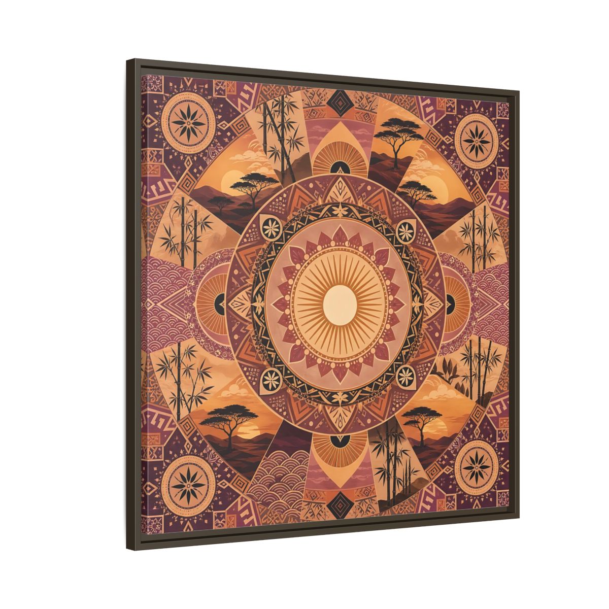 Side Mockup 8. Nature Nature Mandala Bohemian Sunset Mandala shown as stretched canvas wall art