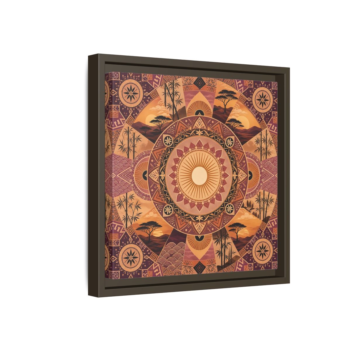 Side Mockup 17. Nature Nature Mandala Bohemian Sunset Mandala shown as stretched canvas wall art
