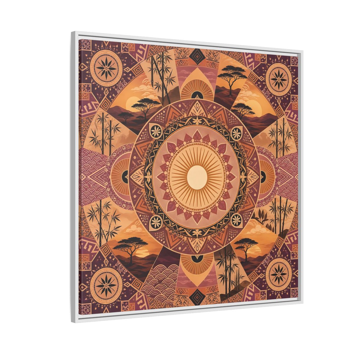 Side Mockup 4. Nature Nature Mandala Bohemian Sunset Mandala shown as stretched canvas wall art