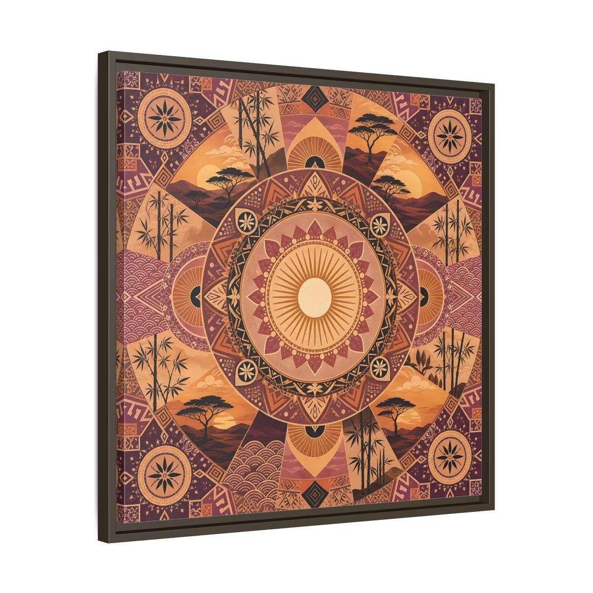 Side Mockup 27. Nature Nature Mandala Bohemian Sunset Mandala shown as stretched canvas wall art