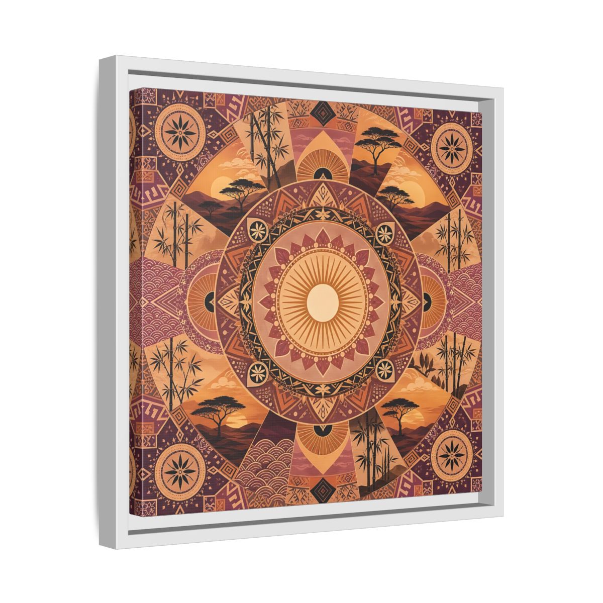 Side Mockup 28. Nature Nature Mandala Bohemian Sunset Mandala shown as stretched canvas wall art