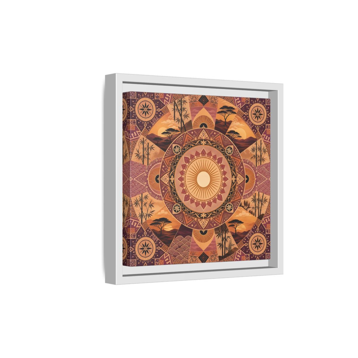 Side Mockup 19. Nature Nature Mandala Bohemian Sunset Mandala shown as stretched canvas wall art