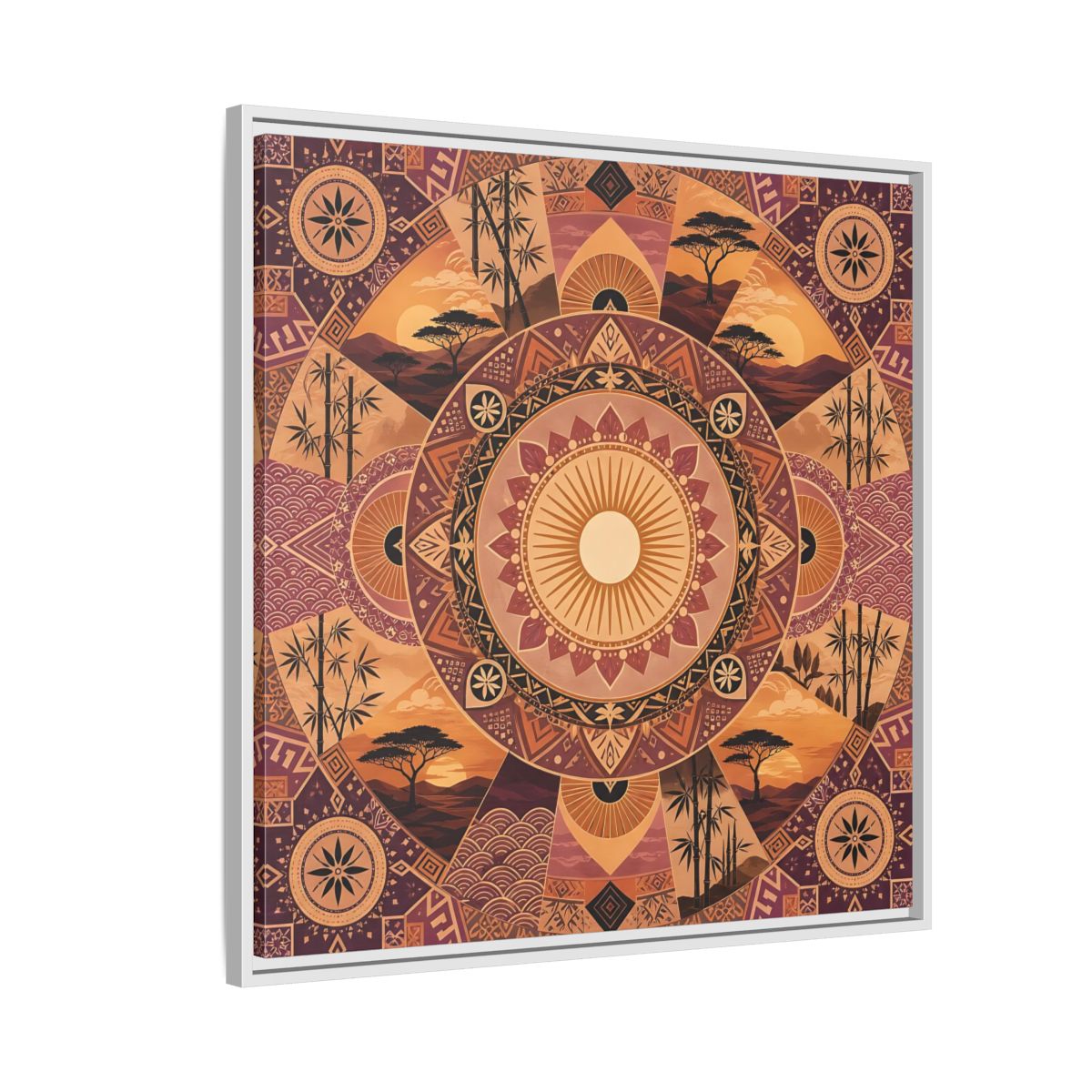 Side Mockup 7. Nature Nature Mandala Bohemian Sunset Mandala shown as stretched canvas wall art