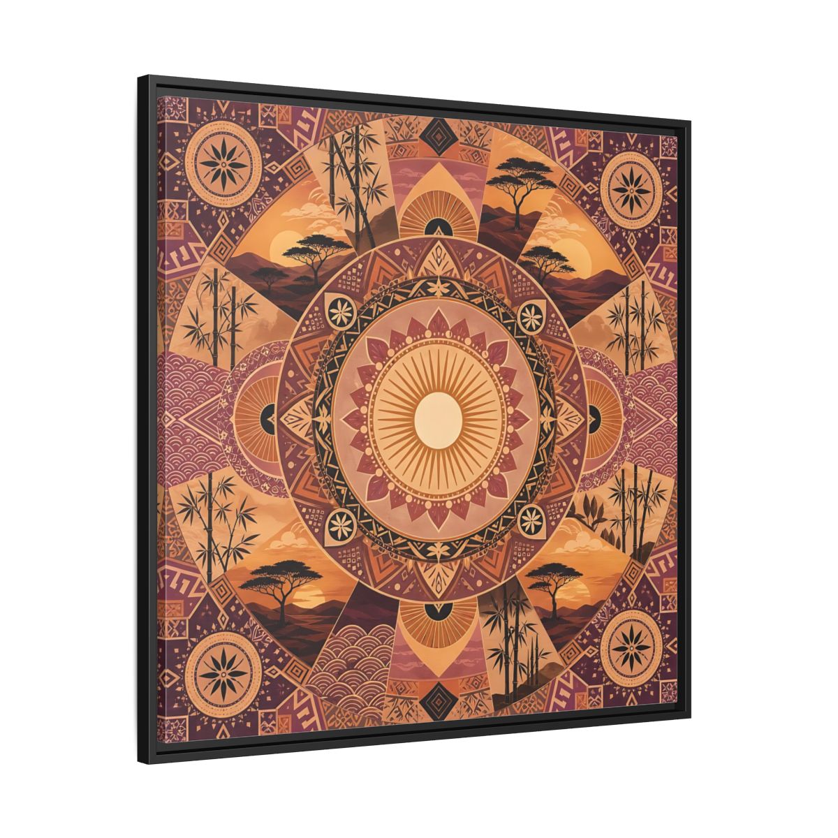 Side Mockup 30. Nature Nature Mandala Bohemian Sunset Mandala shown as stretched canvas wall art