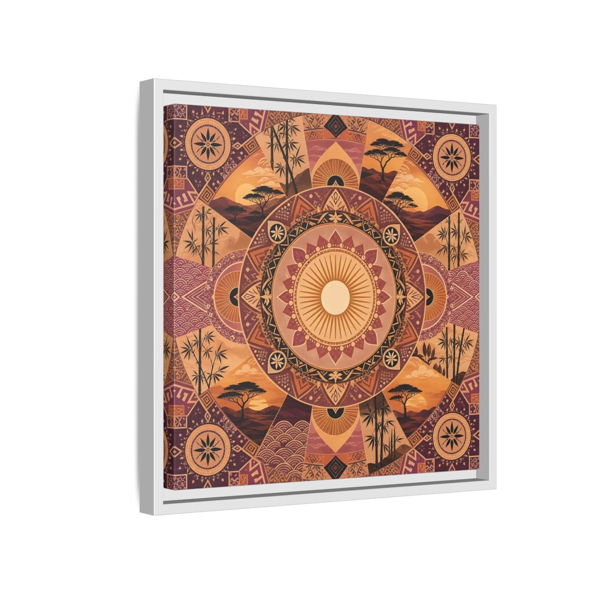 Side Mockup 13. Nature Nature Mandala Bohemian Sunset Mandala shown as stretched canvas wall art