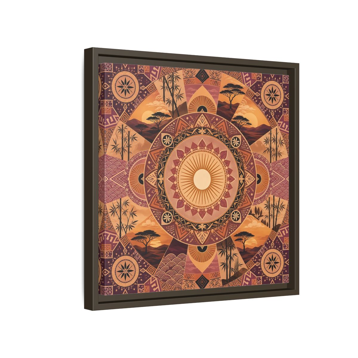 Side Mockup 14. Nature Nature Mandala Bohemian Sunset Mandala shown as stretched canvas wall art