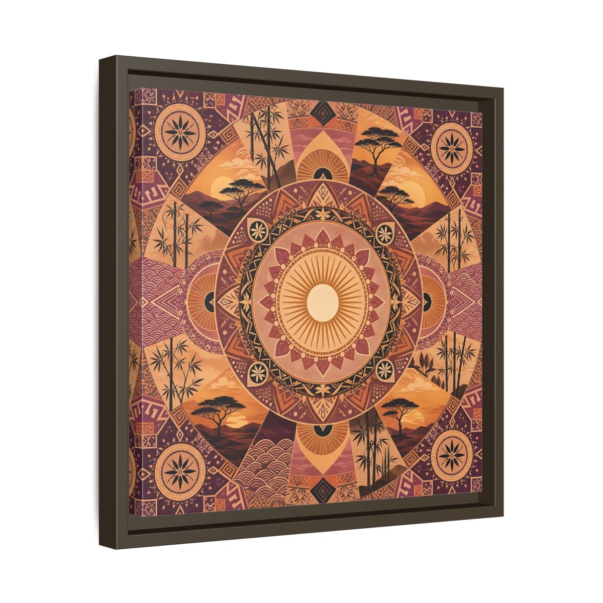 Side Mockup 29. Nature Nature Mandala Bohemian Sunset Mandala shown as stretched canvas wall art