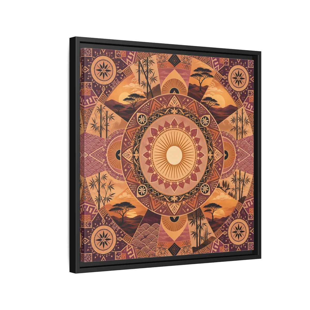 Side Mockup 12. Nature Nature Mandala Bohemian Sunset Mandala shown as stretched canvas wall art