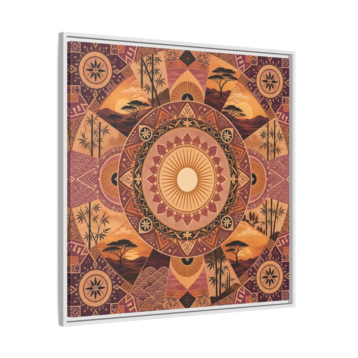 Side Mockup 25. Nature Nature Mandala Bohemian Sunset Mandala shown as stretched canvas wall art