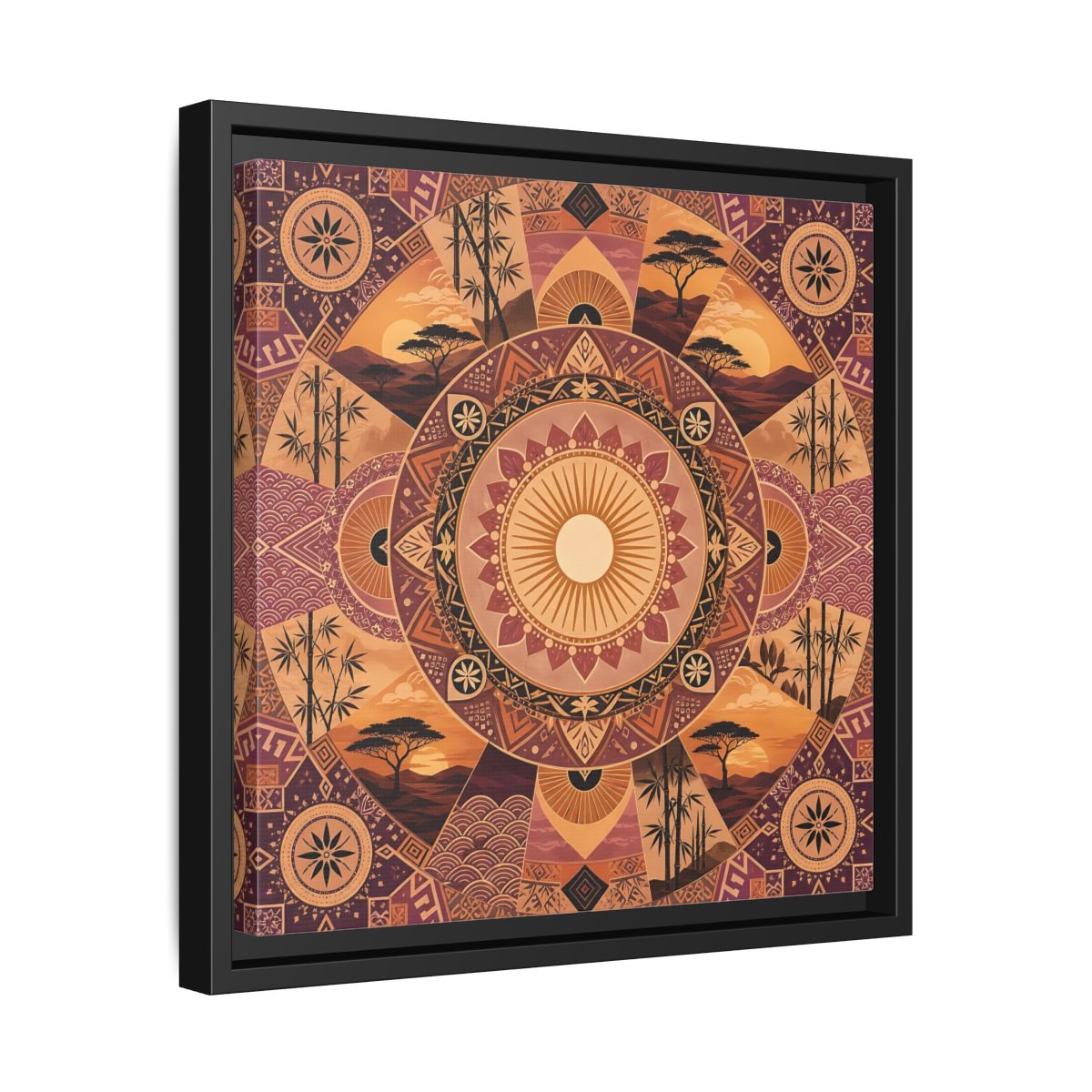 Side Mockup 32. Nature Nature Mandala Bohemian Sunset Mandala shown as stretched canvas wall art