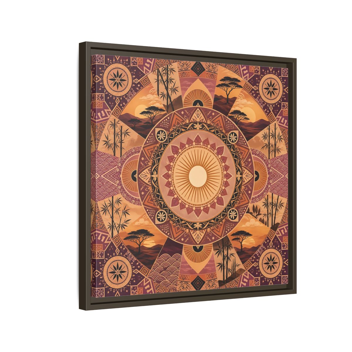 Side Mockup 11. Nature Nature Mandala Bohemian Sunset Mandala shown as stretched canvas wall art