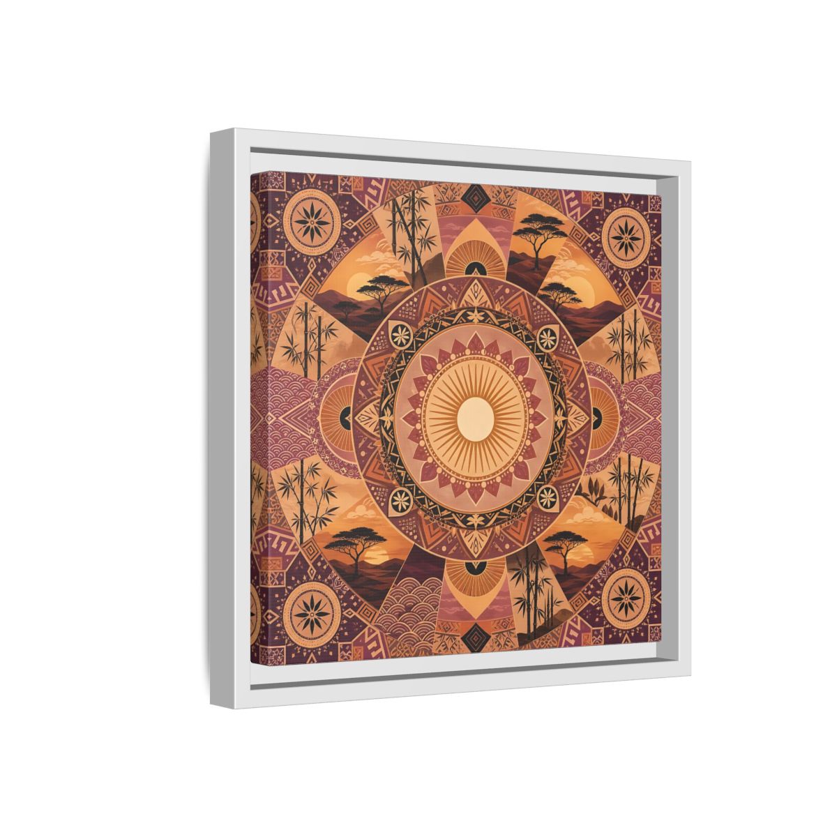 Side Mockup 16. Nature Nature Mandala Bohemian Sunset Mandala shown as stretched canvas wall art