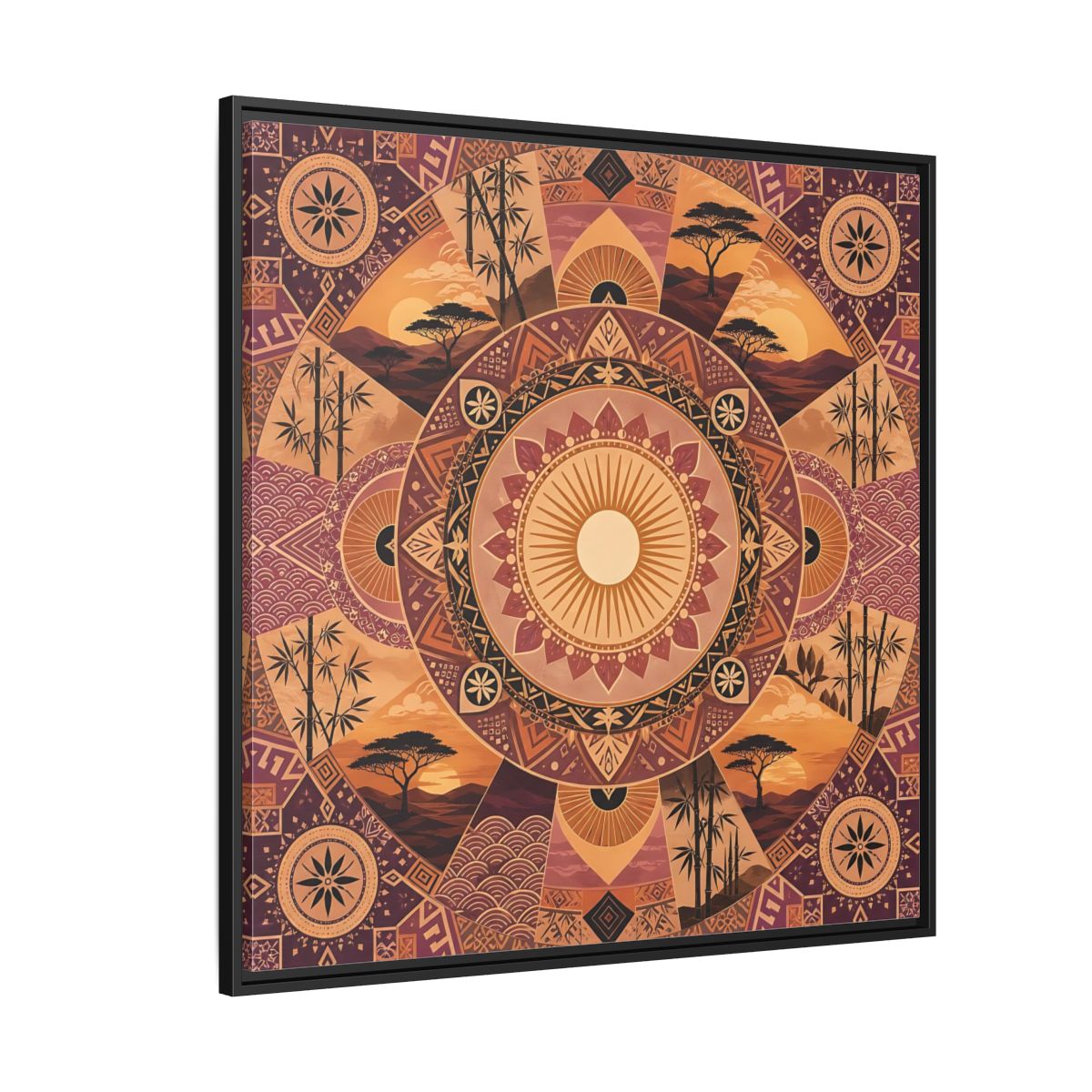 Side Mockup 6. Nature Nature Mandala Bohemian Sunset Mandala shown as stretched canvas wall art