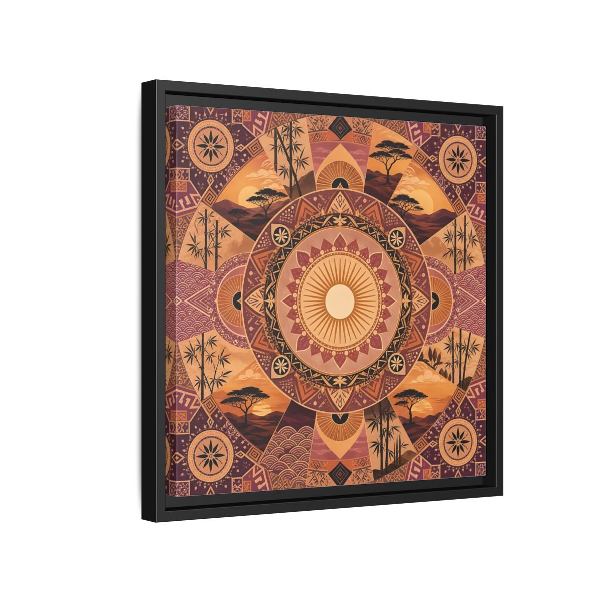 Side Mockup 15. Nature Nature Mandala Bohemian Sunset Mandala shown as stretched canvas wall art