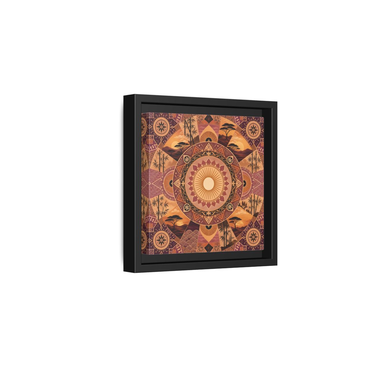 Side Mockup 3. Nature Nature Mandala Bohemian Sunset Mandala shown as stretched canvas wall art