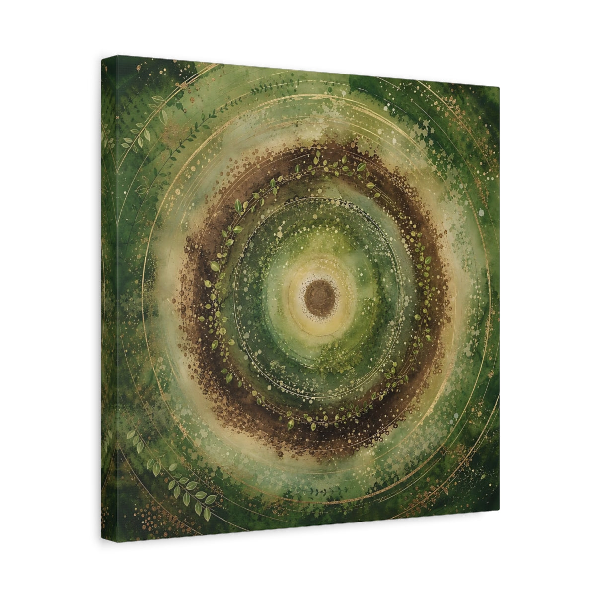 Side Mockup 6. Nature Nature Mandala Green Brown Gold shown as stretched canvas wall art