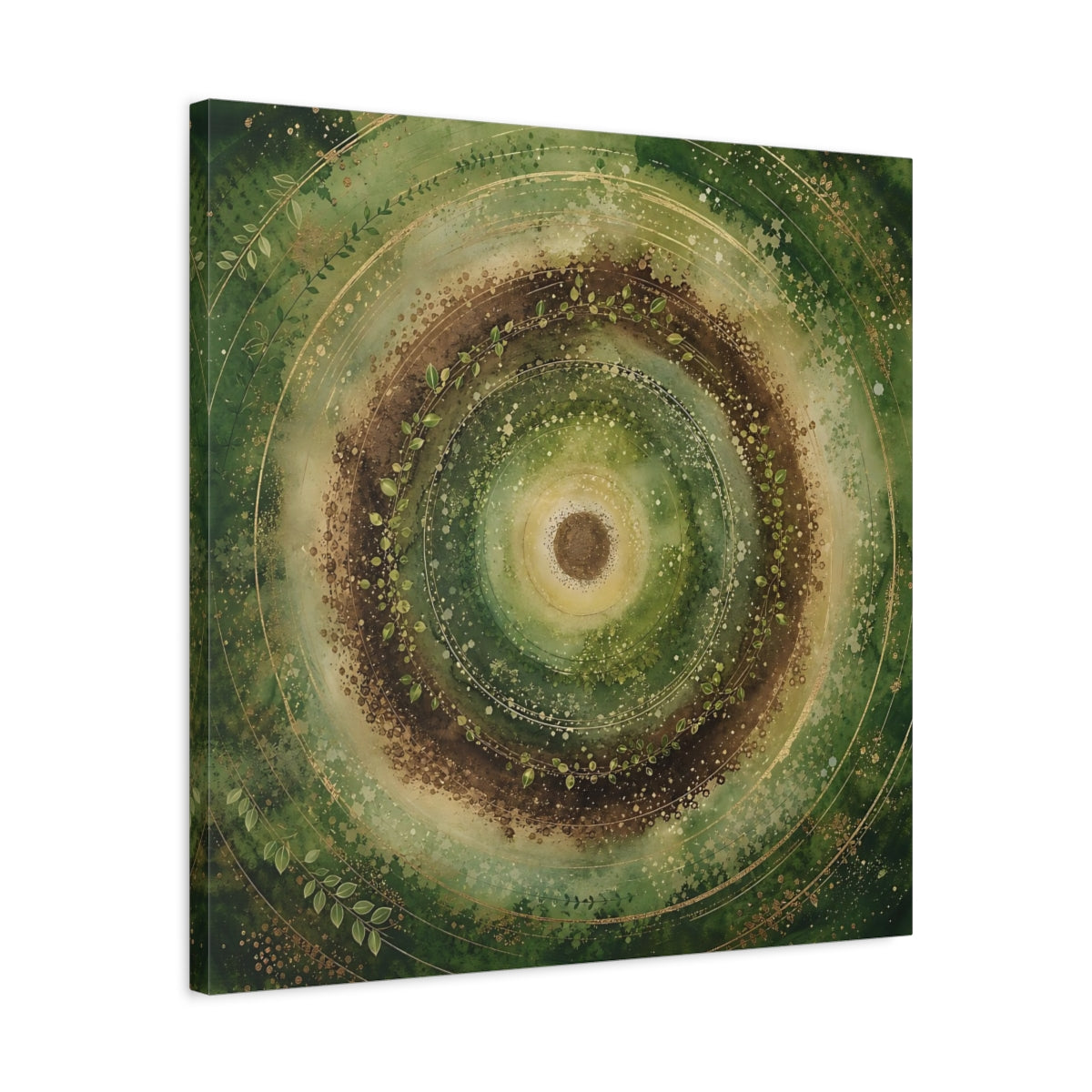 Side Mockup 4. Nature Nature Mandala Green Brown Gold shown as stretched canvas wall art