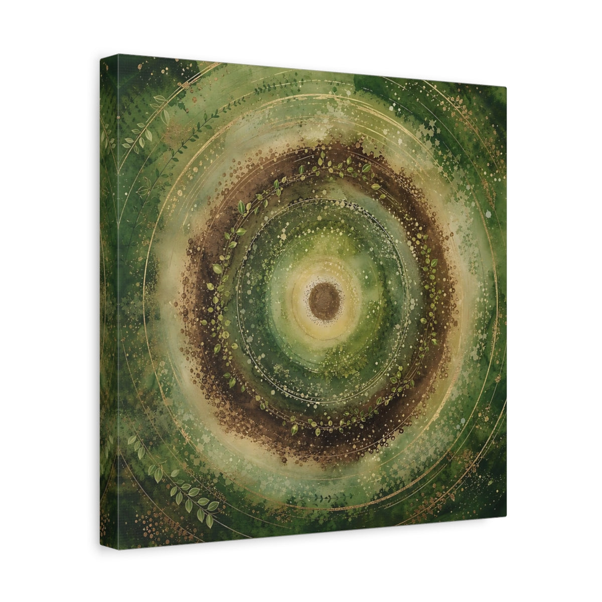 Side Mockup 7. Nature Nature Mandala Green Brown Gold shown as stretched canvas wall art