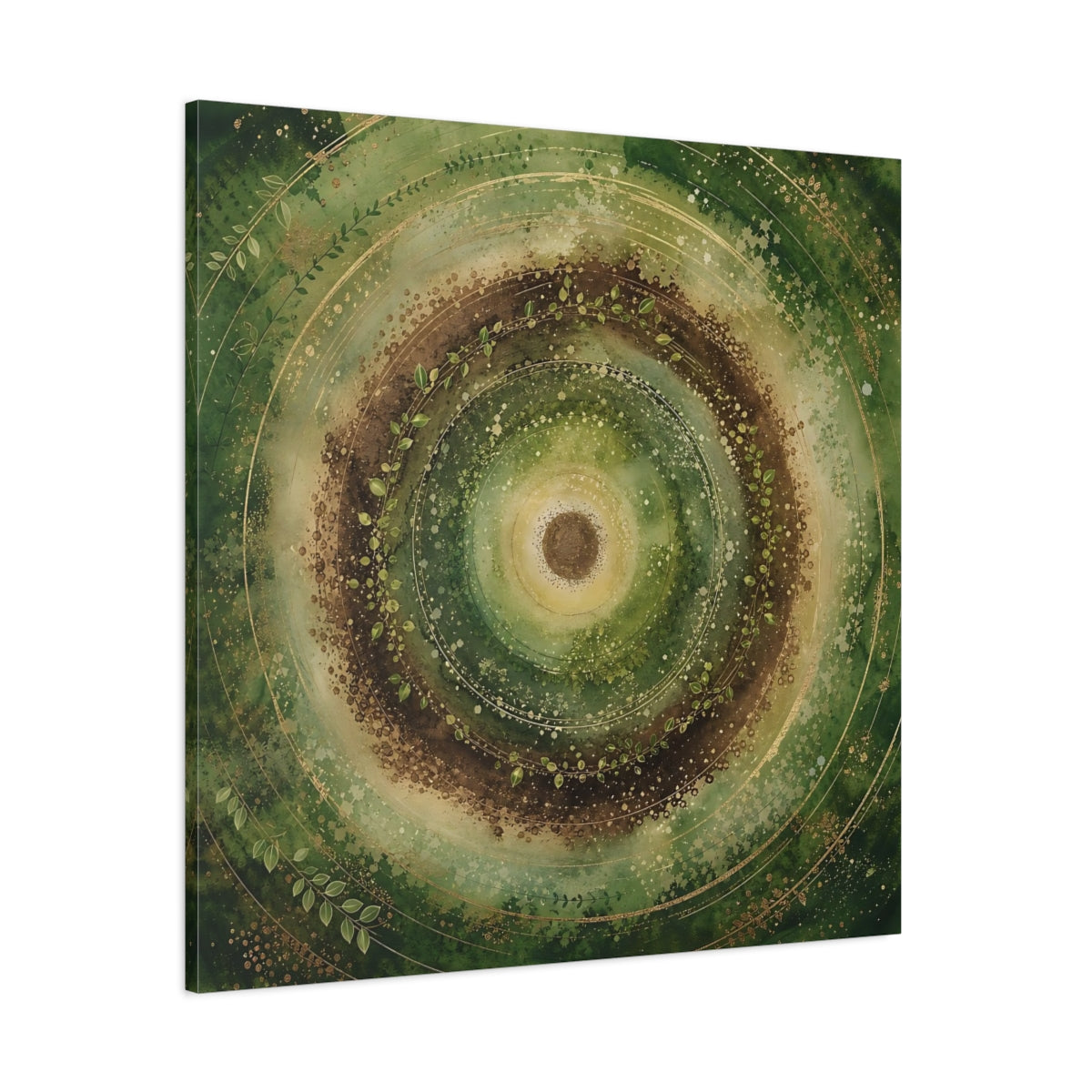 Side Mockup 1. Nature Nature Mandala Green Brown Gold shown as stretched canvas wall art