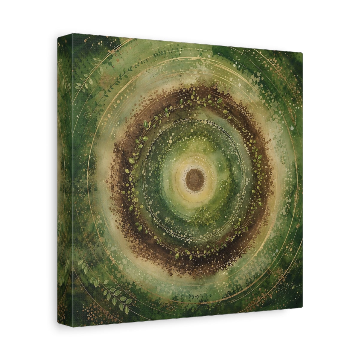 Side Mockup 9. Nature Nature Mandala Green Brown Gold shown as stretched canvas wall art